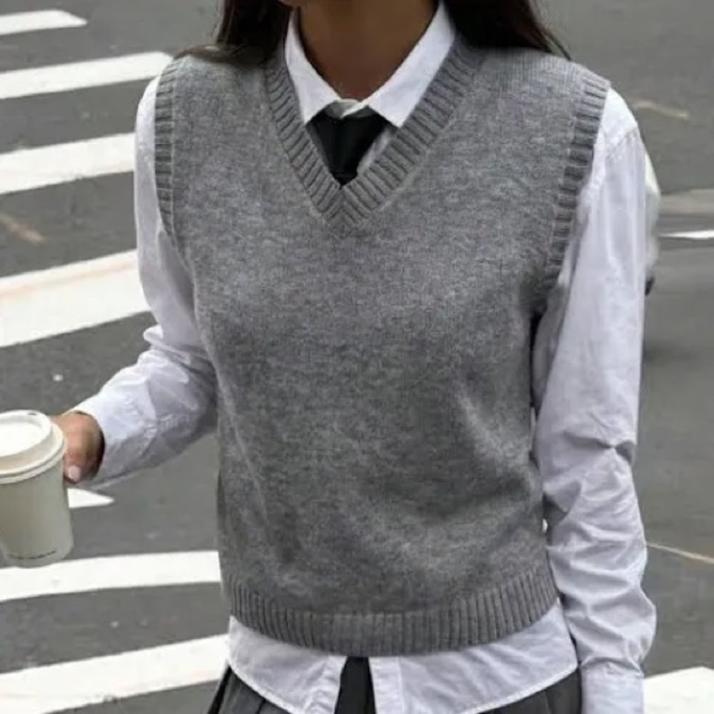 Women's Grey V-Neck Sweater Vest
